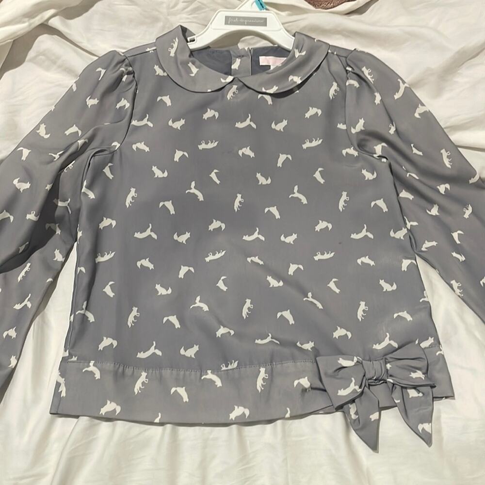 Janie & Jack 6 grey white Fox blouse 💯 polyester like new euc puffed sleeves